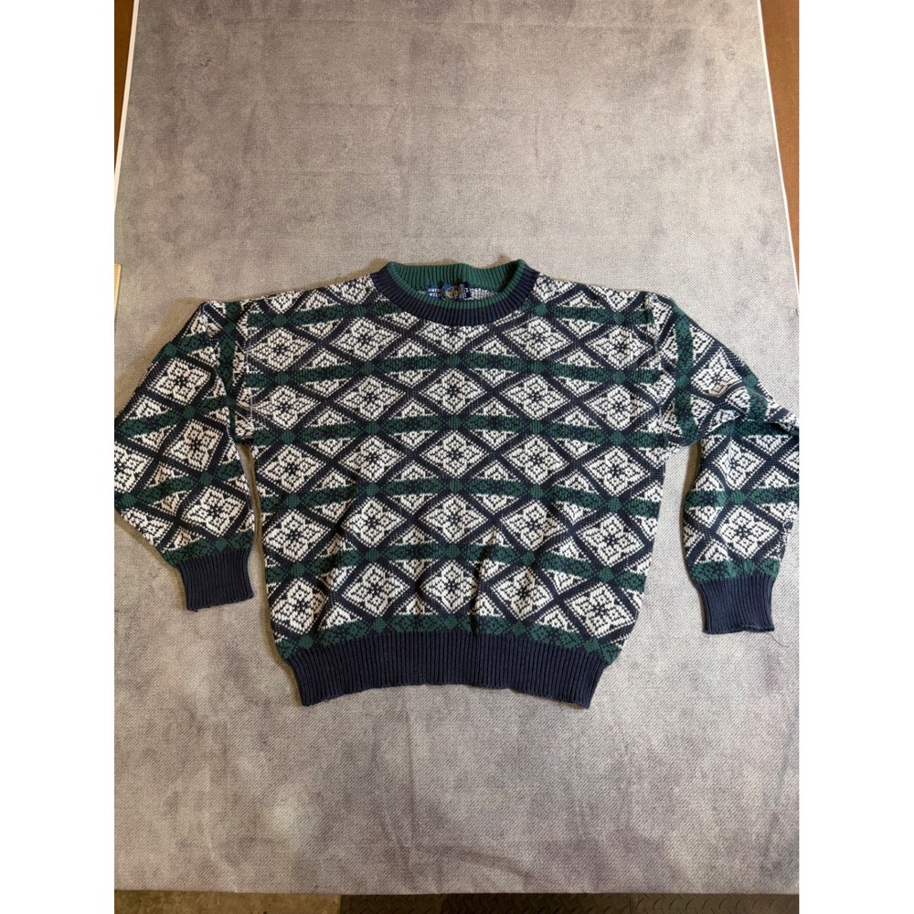American Weekend Vintage Geometric Diamond Knit Cotton Sweater Mens Medium USA